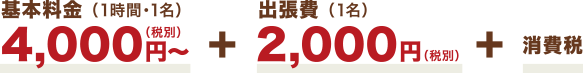 基本料金 (1時間・1名)4,000円〜+出張費(1名)2,000円(税別)+消費税